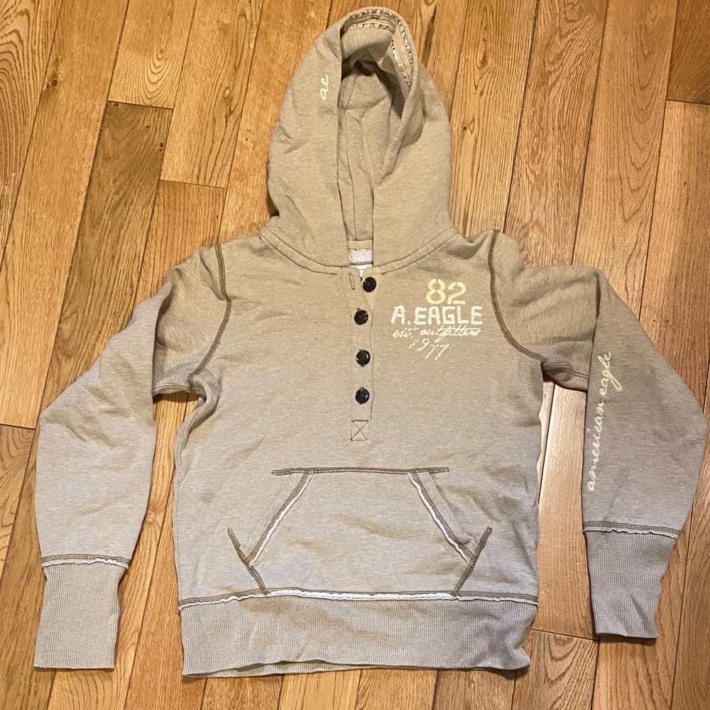 A. Eagle Beige Hoodie with Button Detail
